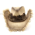 Dettaglio cappello cowboy in rafia con fascia piumata e tesa con frange sfilacciate - M(56-58cm) / Stile Sfilacciato in Canapa