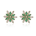 Detailed macro view of 18K gold plated flower earrings with green and clear zircon stones - Green