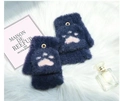 Dark blue plush fingerless gloves featuring a pink cat paw pattern and button flap - One Size / Navy & Pink