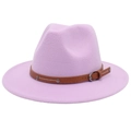 Detail view of lavender fedora hat featuring a brown leather belt with metal rivets - Taro Purple (2 Studs)