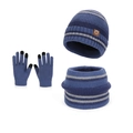 Set invernale per bambini a righe blu e grigie con berretto sciarpa e guanti - Blu