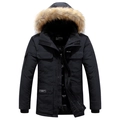 Men's heavy black winter parka with faux fur hood and multi-pocket functional design - M / Black