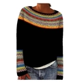 Women's crew neck Fair Isle knit sweater in black with colorful pattern on collar and cuffs - 3XL / Tops / Black Jacquard