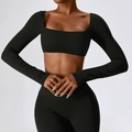 Conjunto de yoga negro de dos piezas con top corto de manga larga y leggings de talle alto - S / Negro Premium