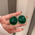 Vintage green enamel oval stud earrings with gold trim and marble texture - No.21 Silver Pin - Green Drip Oil Round Glaze