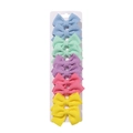 Macro detail of five macaron colored fabric bow hair clips on retail display card - Blue Yellow Macaron (10F)
