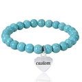 Pink Zebra Stone beaded bracelet with custom engraved heart pendant in turquoise finish - Turquoise
