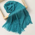 Teal cotton linen scarf with fringe edges displayed in a minimalist wooden frame - 180*100cm / Blue (TH39-28)