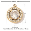 Macro detail of 12x10mm gold stainless steel round pendant with zircon and rhinestones - Gold Round Rhinestone (VG101)