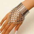 Vintage silver multi-layer mesh slave bracelet with connected ring and bead charms - Bohemian Mesh Style (0551) / Silver