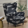 Elastic wingback chair cover in dark blue with white fern leaf patterns for armchairs - Night Shadow