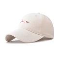 Detail of red me script embroidery on beige cotton canvas baseball cap crown - Adjustable / Beige