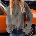 Detail of grey long sleeve hollow out knit mesh top showing crochet texture on a model - S / Gray