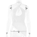 Detailoverzicht van witte haltertop met sexy uitsnede en asymmetrische zoomlijn - L / Wit