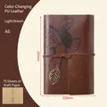 A6 retro traveler journal in light brown PU leather with embossed leaf and metal pendant - Tan / A6