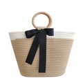 Gewebte Baumwollseil-Tasche in Weiß und Beige mit dekorativer schwarzer Schleife - Groß / Schwarz