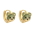 Cute teddy bear huggie earrings with green crystals and gold plating on white background - Gold Green Zirconia