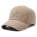 Khaki minimalist baseball cap with gold-green embroidered letter K on cotton twill - Deep Beige