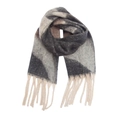 Thick geometric mohair-style scarf in grey and beige with cream fringes on white background - 03# Black