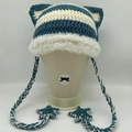 Handmade crochet cat ear hat with blue and white stripes and white faux fur trim - Blue and White Striped