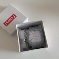 Light gray square quartz watch set with silver chain bracelet in a white display box - Watch Only / Grey Strap White Dial