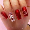 Christmas red metallic square press-on nails with cute snowman and white snowflakes - Christmas Red Snowman Snowflake Medium Long Square (AW150) With Jelly Glue and File