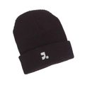Detailed close-up of dark brown knitted beanie featuring white embroidered J. logo on cuff - Coffee