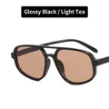 Gafas de sol de gran tamaño con doble puente montura negro brillante y lentes té suave - Negro Brillante Marrón Claro