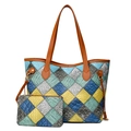 Ensemble sac cabas patchwork multicolore texture croco avec pochette assortie - Bleu Patchwork
