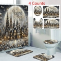 Detailed view of 4-piece Christmas bathroom set with snow village print and holiday wishes - 22SDYL4C Golden Christmas Wishes / 3-Piece Bath Mat Set
