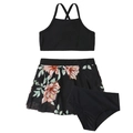 Detailed flat lay of three-piece girls swimsuit with tropical floral mesh skirt - 152 / Black Peony Split