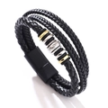 Multilayer braided black leather bracelet with gold and silver magnetic metal beads - 19cm / Steel Gold Black Leather