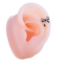 Silver bow-shaped titanium steel stud earring with black detail on a model ear - Black (Single)