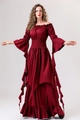 Detail view of burgundy Renaissance dress with off-shoulder neckline and smocked waistline - S/M / Red