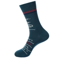 Mid-calf teal cotton socks with athletic stripes and graffiti-style text design - Teal Blue Jacquard