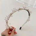 Handmade headband with white imitation pearls and transparent crystals on a thin frame - White Bead Wrap