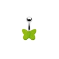 Detailed view of silver curved navel ring with textured green butterfly charm pendant - Green Butterfly