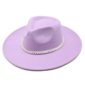 Detail of lavender wool jazz hat featuring elegant pearl ribbon trim on wide brim - M(56-58cm) / Taro Purple