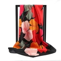 Silky satin floral square scarf featuring vibrant red and orange botanical prints - Summer Lotus Black Base Red Yellow (SD90-27-1)