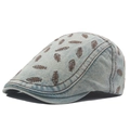 Light blue washed denim flat cap featuring brown fishbone embroidery for a vintage look - Blue & White
