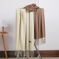 Detail showing high-quality beige, brown and dark brown cashmere scarves with tassels - No.35 Beige Light Coffee