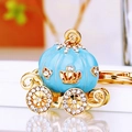 Golden pumpkin carriage keychain with blue rhinestones and crown detail for women - Blue Single-Sided