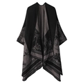 Elegant thick knit shawl with deer and forest patterns in grey and black reversible design - One Size / Deer - Black Grey