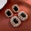 Vintage rectangular black gemstone earrings with sparkling crystal halo on red silk fabric - 1# Large Rectangle Black Gem - Black-Silver
