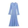 Sexy blue V-neck hollow knit long sleeve dress with floral pattern and A-line silhouette - XS / Light Blue