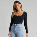 Slim fit black long sleeve square neck top paired with light blue high waist denim jeans - S / Black