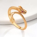 Anello drago dorato regolabile con occhi in gemma rossa e ciondolo a foglia mobile - Aperto Regolabile / Oro
