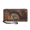 Brown faux leather long wallet featuring realistic cat and dog prints with a wrist strap - Vintage Cat and Dog