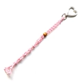Detailed close-up of pink handwoven cotton cord keychain with heart clasp and wooden bead - Pink Woven Lipstick Mesh Bag