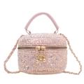 Roze pailletten tweed handtas voor meisjes met gouden ketting en bloemenbedeltje - Roze Met Pailletten (9891)